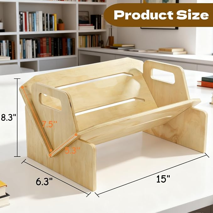 Wood Desktop Bookshelf, Tabletop Book Storage Rack Display Shelf with Handle, Tilting Office Bookcase Magazine Holder CD Rack for Office, Study Room, No Tools Required