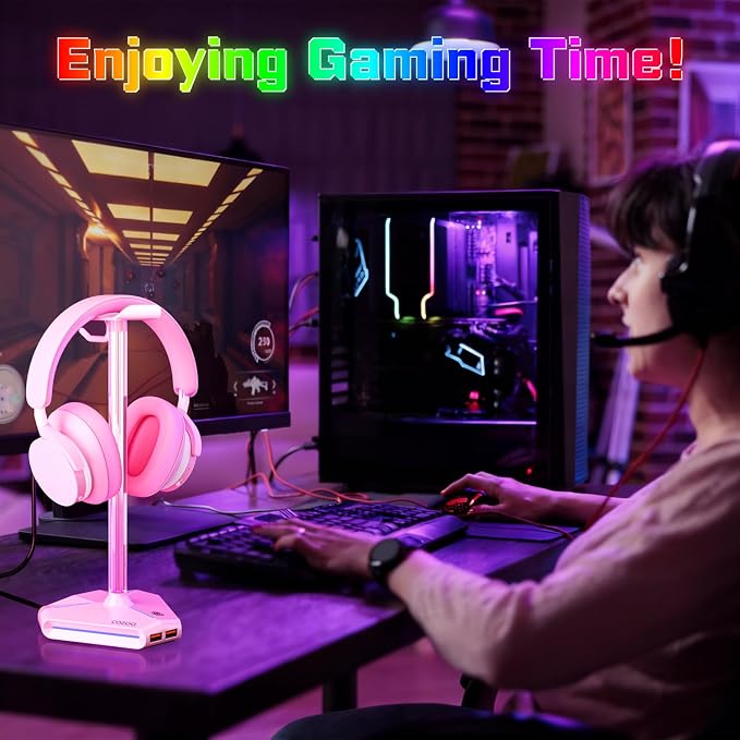 Pink RGB Headphone Stand with 2 USB Ports & Extension Cord, Gaming Headset Stand for Desktop Table, PC Gaming Accessories, Gifts for Girlfriend,Teen Boys Girls,Gaming Setup Organizer
