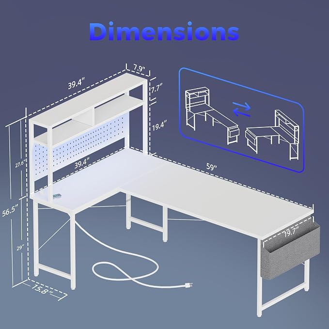 Mericonia 59 inch Large L Shaped Desk with Pegboard Hutch & Shelves, Corner Gaming Desk with Power Outlet, LED Light & Storage Bag, Reversible Computer Desk for Home, Bedroom, Office Workspace, White