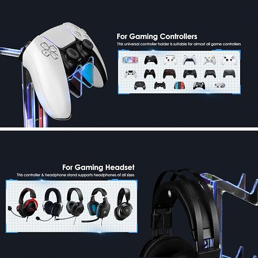 OAPRIRE Controller Holder Headset Stand with Lights, 3 Tier Acrylic Gaming Controller Stand Compatible with PS4, PS5, PC, Switch, Universal Design (Black)