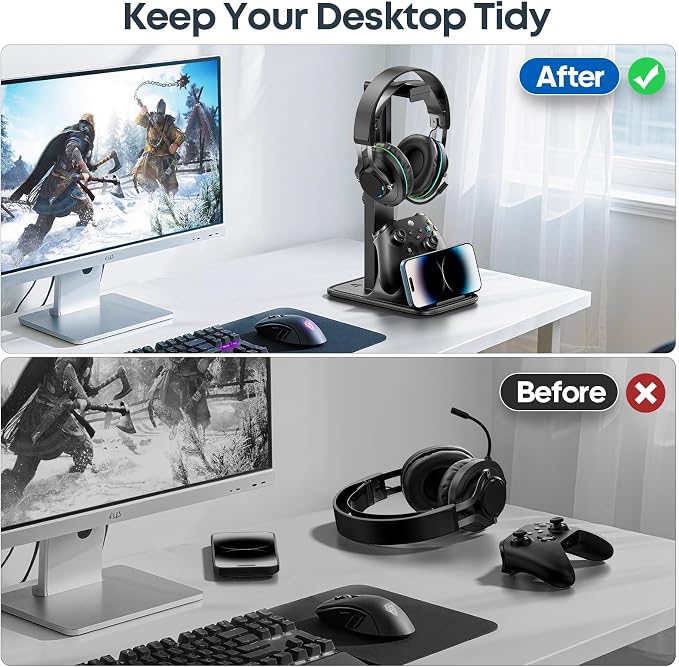 Gaming Headset & Controller Stand, Rotating Headphone Storage with Controller & Phone Holder, Game Desk Storage with Cable Organizer for PS5/PS4/XBOX PC Gamer Essentials Organizer Gift Accessories