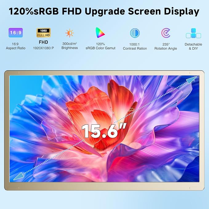KEFEYA Laptop Screen Extender 15.6", FHD 1080P Portable Triple Monitor for Laptops 13-17.3", 120% sRGB 235° Rotation Detachable Laptop Monitor Extender for Windows/Mac/Dex/Chrome/Surface, Plug n Play