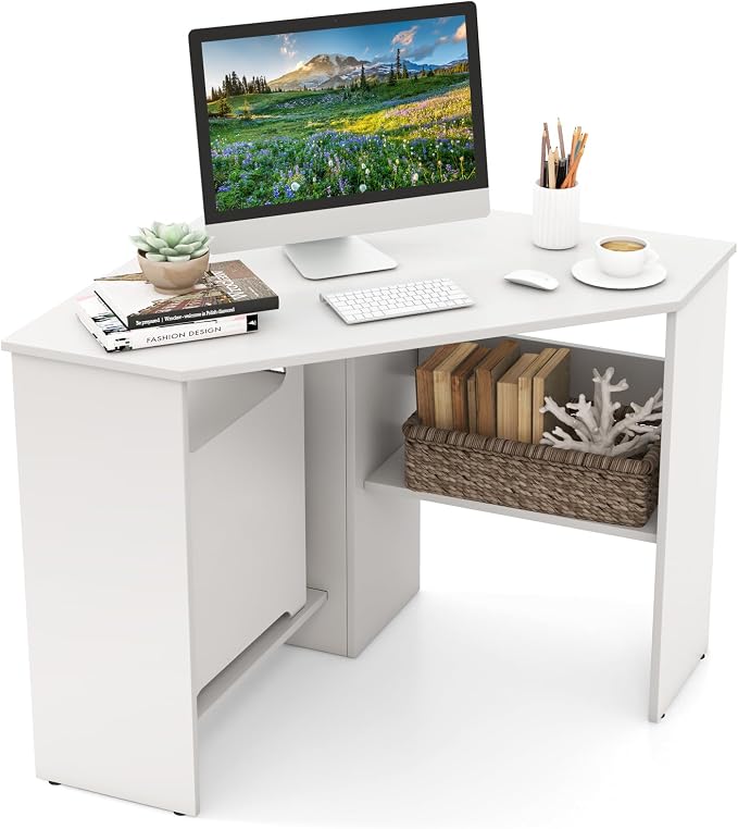 HOMGX Corner Computer Desk, Triangle Desk with Storage Shelves, Small Corner Desk for Small Spaces, Corner Vanity Desk for Home, Bedroom, Living Room, Office (White)