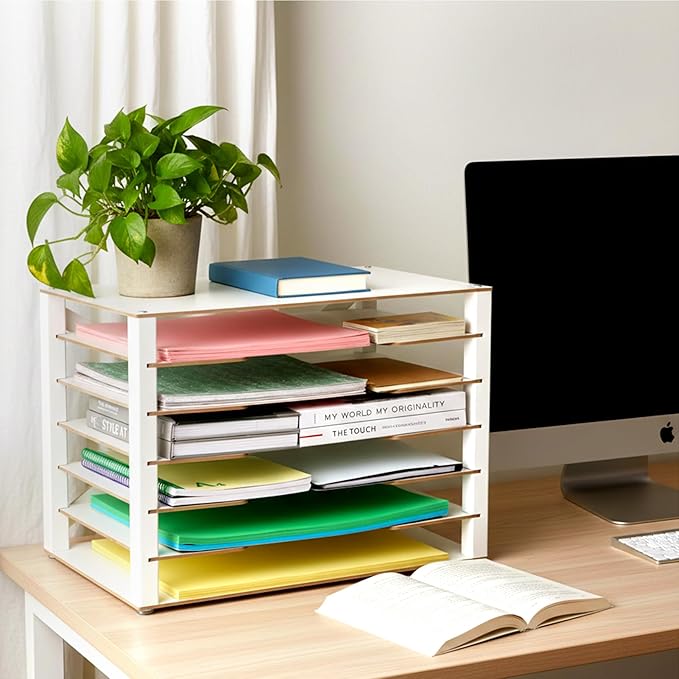 Yumkfoi Construction Paper Organizer 12" x 18", 6-Tiers Paper Organizer Storage, Wooden Desktop Organizer, Letter Tray for Office, Home, Classroom