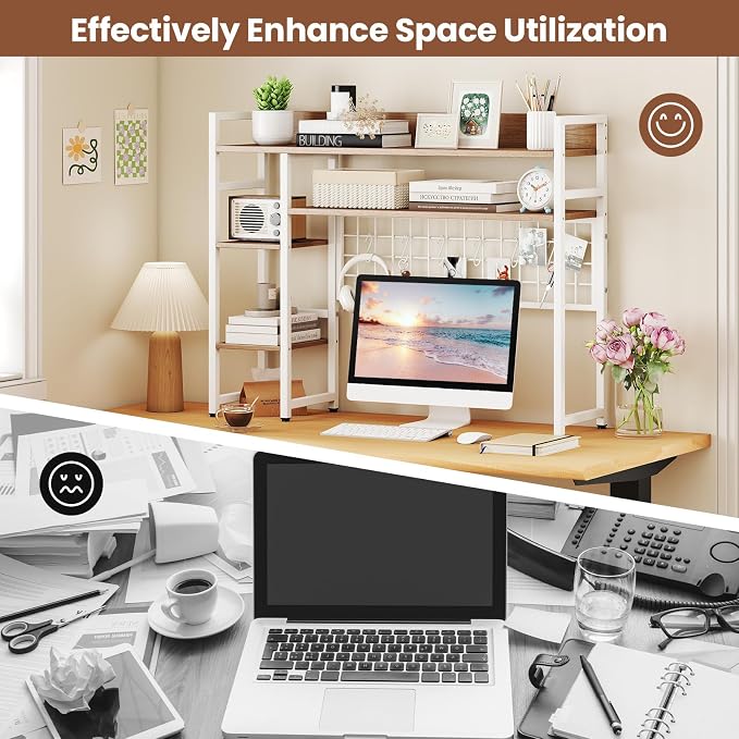 Tangkula Desktop Bookshelf for Computer Monitor Up to 32”, Countertop Storage Hutch with 4 Open Storage Shelves, Grid Panel, Anti-tip Device, 4-Tier Desktop Display Shelves for Home Office (Natural)