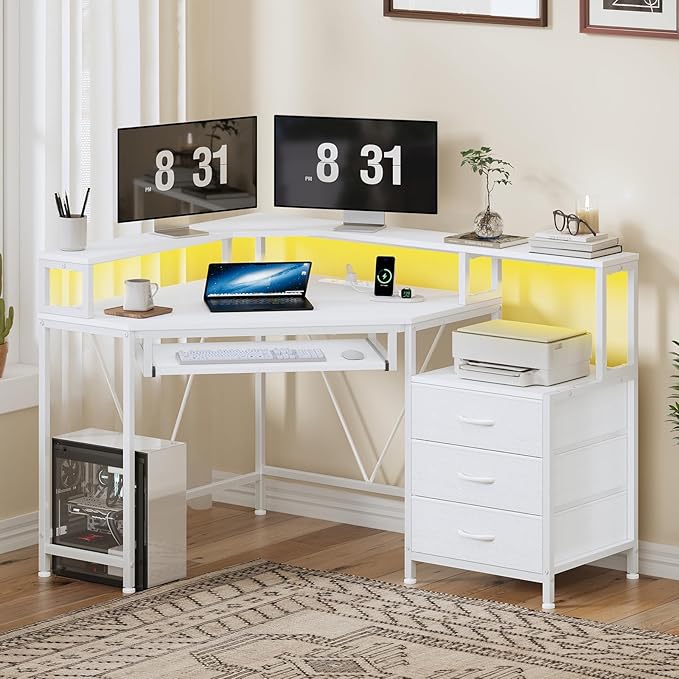 YOMILUVE Small Corner Desk with Drawers, Corner Gaming Desk with Power Outlets & Printer Shelf for Small Space, Triangle Computer Desk with LED Lights, Keyboard Tray and Monitor Stand, White