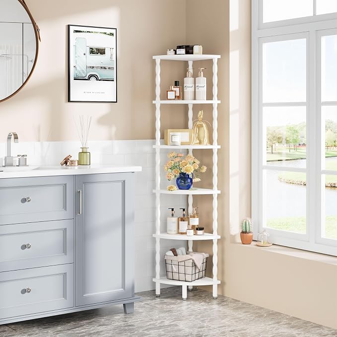 IBUYKE 6-Tier Corner Shelf,Stylish Corner Bookshelf for Small Spaces,Industrial Corner Storage Display Shelves,Small Corner Table for Bedroom,Bathroom,Kitchen, White WBC021W