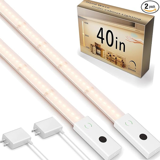 Under Cabinet Light with Hand Wave 40 inch 1090lm,2-Pack Under Cabinet Lighting Plug in,3 Colors Undercabinet Lights for Kitchen,Stick on LED Under Counter Lights for Cabinet,Desk,Shelf