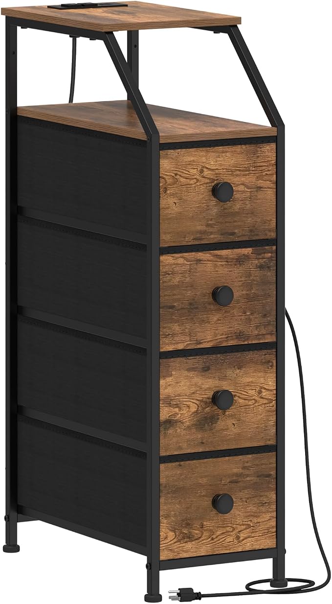 Tohomeor Narrow Dresser Tall Skinny Storage Tower Vertical Slim Chest of Drawers with Charging Station Small Nightstand Side Table for Bedroom, Bathroom, Small Spaces (Rustic Brown, 4 Drawers)