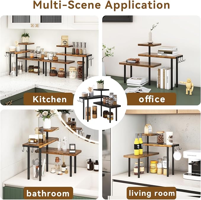IBUYKE Kitchen Countertop Organizer,Set of 2,3-Tier Wooden Spice Racks,Bathroom Counter Organizer,Rotating Adjustable,Corner Shelf for Kitchen,Coffee Bar, Cabinet, Desk,Rustic Brown,TLJ023H-2