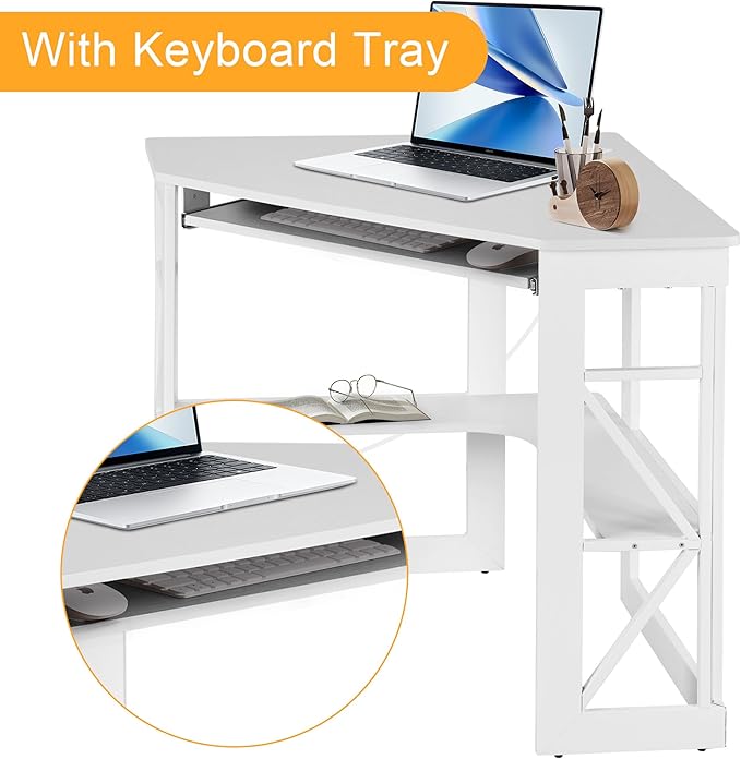 VECELO Corner Computer Desk 41 x 30 inches with Smooth Keyboard & Storage Shelves for Home Office Workstation, White