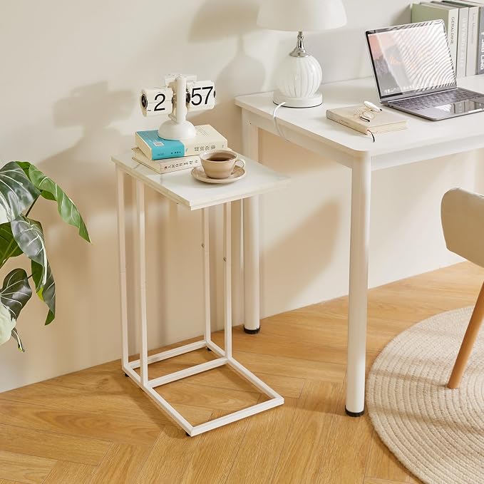 Aibiju C Shaped End Table, Small Side Table for Sofa and Bed, White Bedside Table, Laptop Desk for Couch 16x12x25 inch Faux Marble+White YD-TM051W