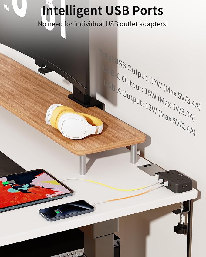 HOPOW Desk Clamp Power Strip, Desktop Mount Charging Station with 4 Outlets 4 USB Ports (2 USB C), 6Ft Under Desk Power Strip, Fits 2.75" Tabletop Edge, Extension Cord for Home Office, Black