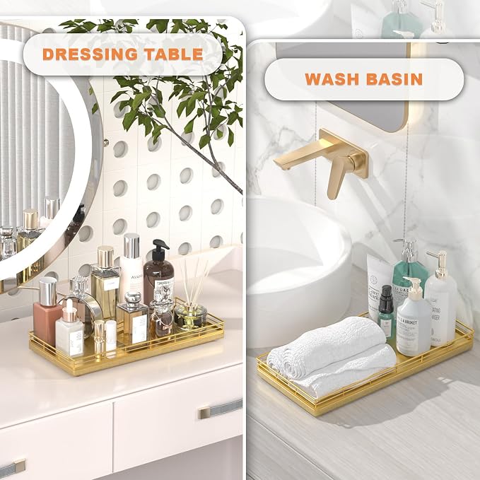 Oak Bathroom Toilet Tank Tray, 13" Wood Toilet Paper Storage Basket Back of Toilet Basket Organizer, Vanity Tray for Perfume Makeup Candle Kitchen Counter Coffee Table Decor, Gold