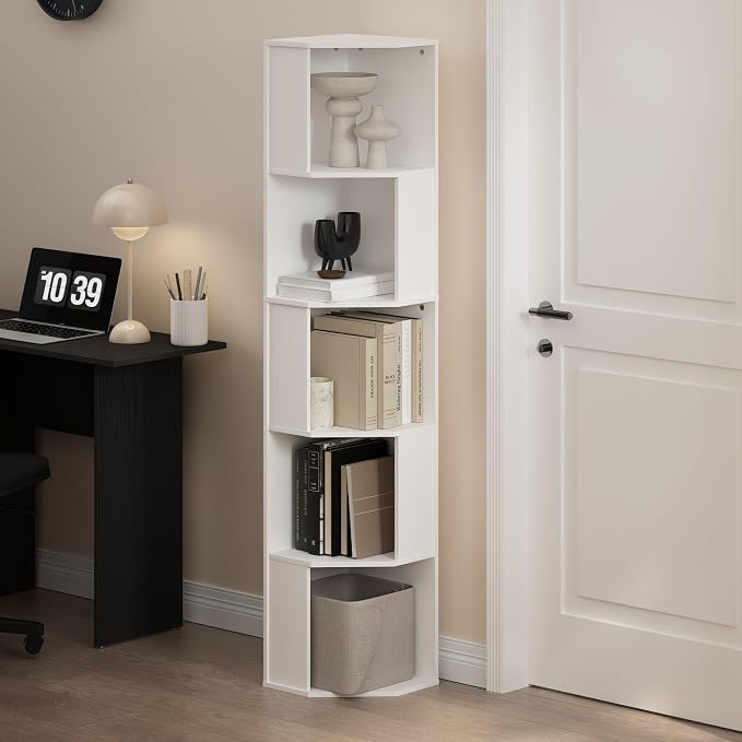 Furinno ECON Corner Shelf, 5-Tier Corner Book Shelf, Standing Storage Shelves, Cube Display Rack, Bookshelf, for Organization and Storage, Living Room, Home Office, White