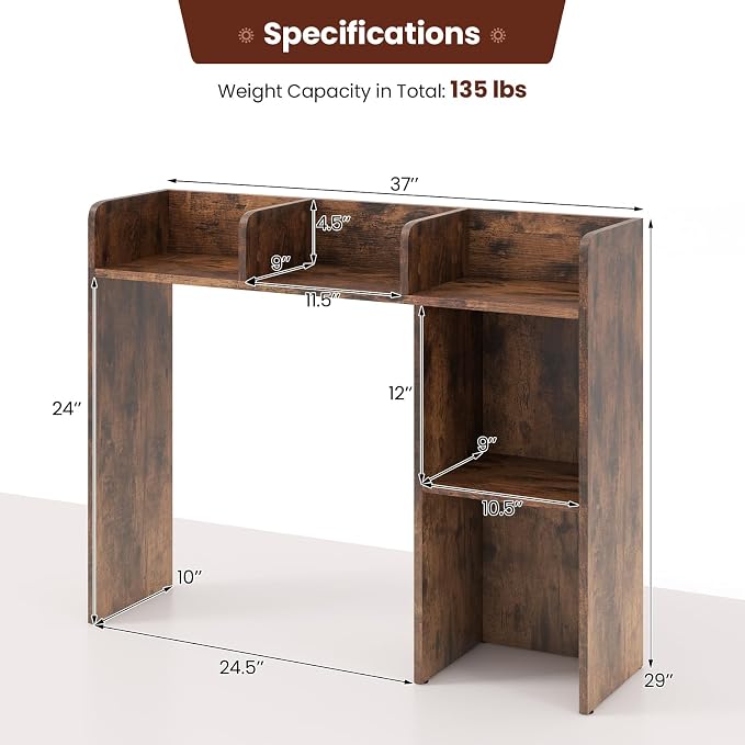 MAT EXPERT Desk Organizer, Wooden Desktop Shelf for 27 Inch Monitor with 5 Shelves & Non-Slip Foot Pads, Anti-Tipping Device, Multipurpose Desk Hutch for Study, Office, Dorm (Coffee)