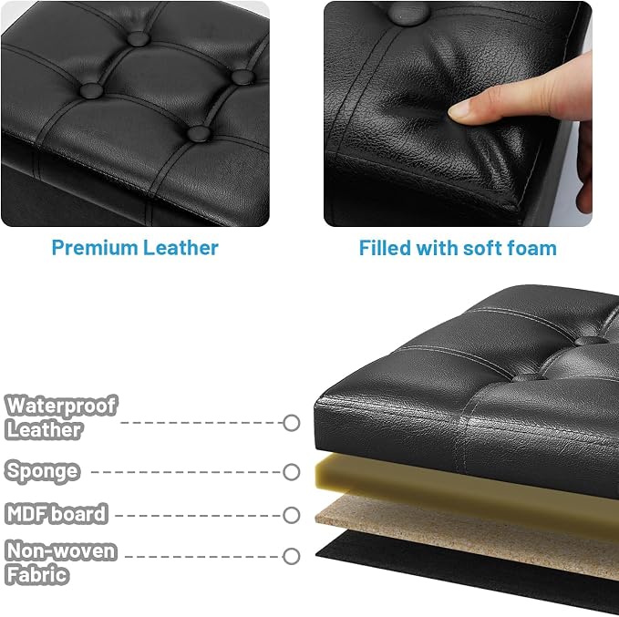 Bsketa Storage Ottoman Foot Rest Stool, Small Leather Storage Ottomans Bench, Folding Footstool with Side Pockets, Foot Rest Under Desk for Living Room Bedroom, 16x12x12 in, Black 2 Pack