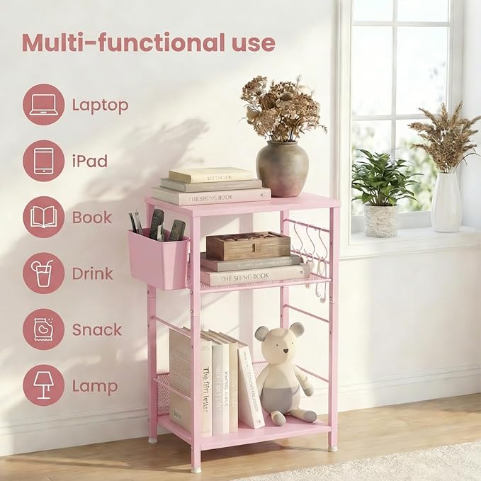 ECOLOVI 3 Tier Printer Stand for Under Desk, Height Adjustable Shelf Small Printer Table with 3 S-Hooks & Basket, Heavy Duty Industrial Storage Shelf for Home Office (Pink Wood)