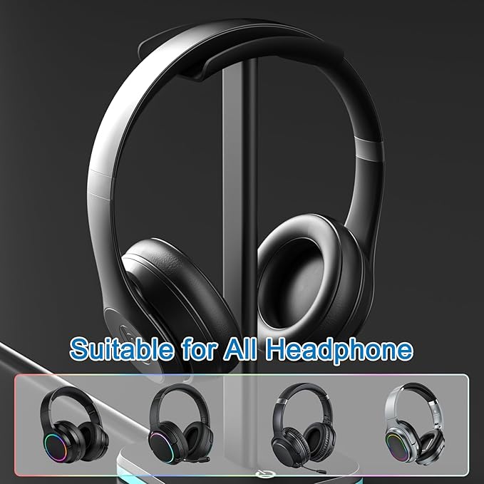 Headphone Stand for Desk - Headset Stand with Aluminum Hanger, Headphone Holder for AirPods Max, Sony, Bose, Beats and More (RGB-Black)