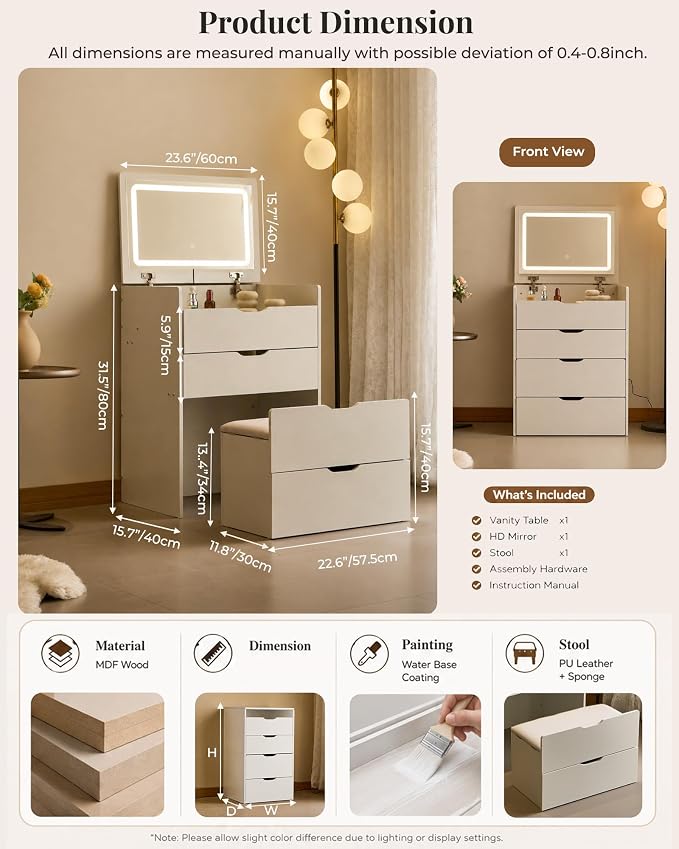 Small Vanity with Mirror and Lights for Small Space, 3-in-1 Compact Makeup Vanity Desk with Storage, Flip Top Vanity Table with Hidden Stool, 3 Color Mode, Drawers & Jewelry Organizer, Mini Vanity Set