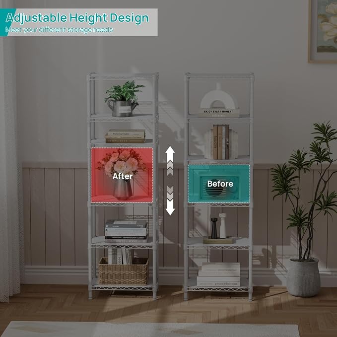SINGAYE 6 Shelves Storage Shelf Wire Closet Bathroom Organizers Metal Pantry Kitchen Small Garage Shelving Unit Laundry Room Organization Home Corner Rack Estantes para Cocina White 10" Dx16 Wx60”H