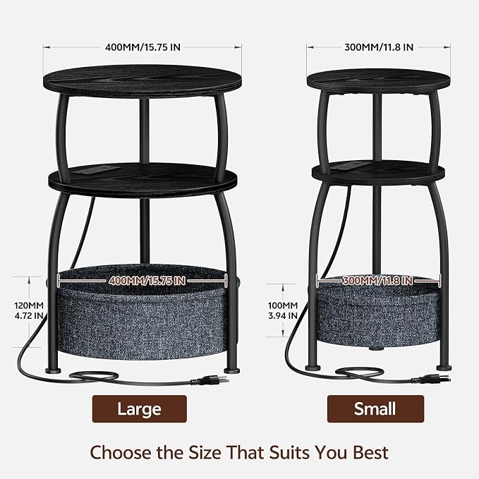 Small Side Table with Charging Station and Type C, Small Coffee Table with Basket, Space Saving End Table 3-Tier Bedside Corner Table Stand for Living Room, Bedroom, Garden 15.75in Classic Black