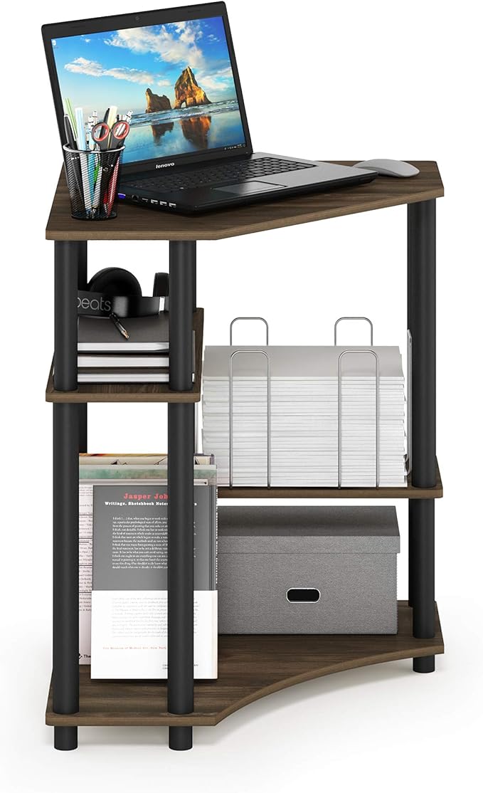 Furinno TURN-N-TUBE Desk, Gaming Desk with Shelves, Corner Computer Desk with Shelves, Office Desk, Space Saving, For Home Office, Bedroom, Columbia Walnut