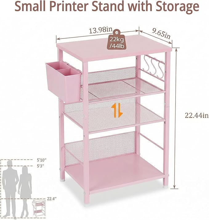 ECOLOVI 3 Tier Printer Stand for Under Desk, Height Adjustable Shelf Small Printer Table with 3 S-Hooks & Basket, Heavy Duty Industrial Storage Shelf for Home Office (Pink Wood)
