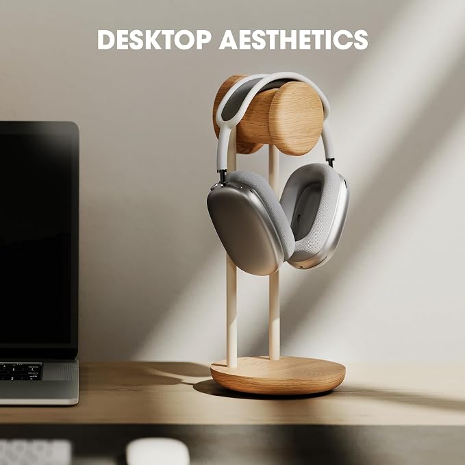 Fenge Headphone Stand for Desk, Nature Wood & Metal Headphone Holder with Storage Base, Desktop Headset Stand for Gaming Universal Headphones, Oak