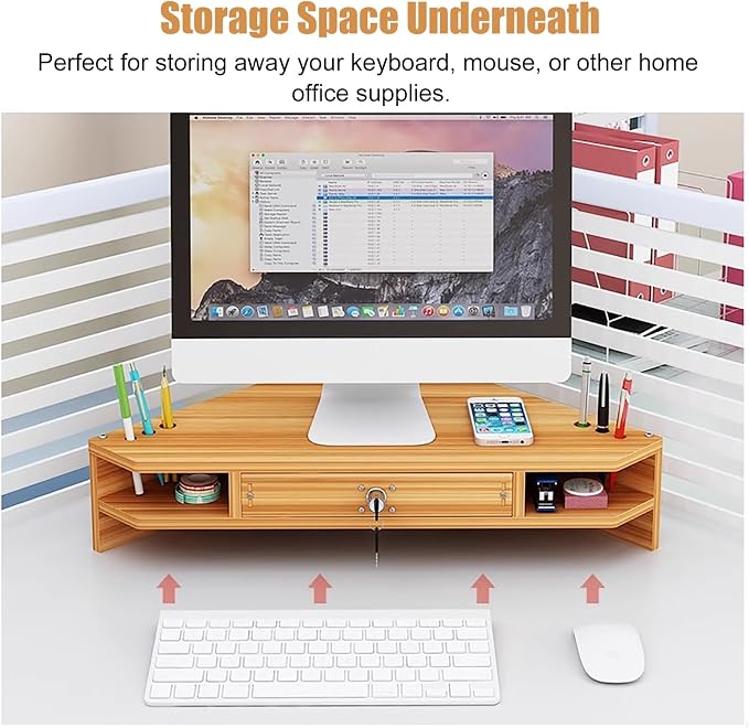 Triangular Wooden Corner Monitor Stand - Space-Saving Desktop Organizer & Laptop Shelf with Drawer, Perfect for Home & Office Use, Maximizing Workspace Efficiency