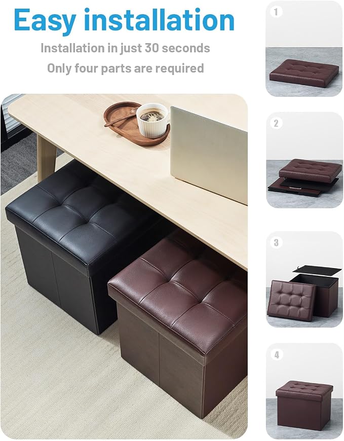 Bsketa Storage Ottoman Foot Rest Stool, Small Leather Storage Ottomans Bench, Folding Foot Stool with Handles Lid, Foot Rest Under Desk for Living Room Bedroom, 17x13x13 in, Brown