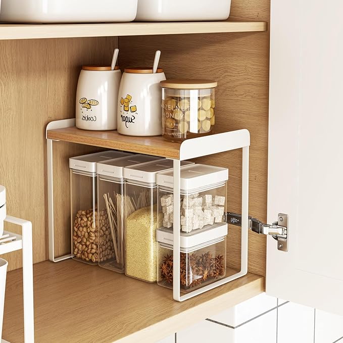 Mitus Shelf Organizer and Storage, Tiered Wood Cabinet Rack for The Kitchen Counter, Bathroom Counter, Pantry Cupboard, Office Desk Bookshelf, 12" Wide Natural and White (Large)