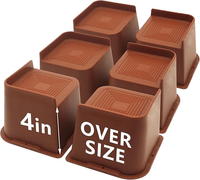 6 Pack Brown Bed Risers 4 inch Heavy Duty, Oversized Furniture Risers, Bed Lifts Risers for Table, Sofa, Chair, Couch, Desk, Bed Frame Risers Supports Up to 6,500 Lbs