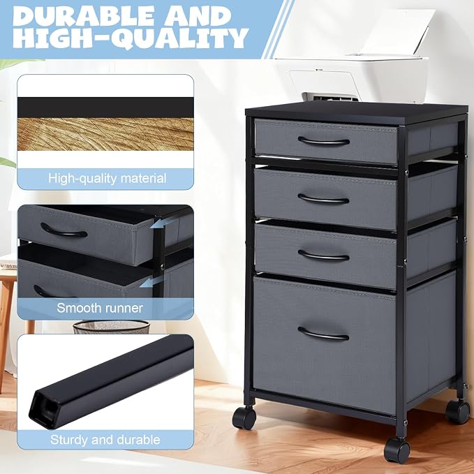 Chunful 4 Drawer Rolling File Cabinet Mobile Printer Stand Metal Cart with Fabric Vertical Filing Chest Wheels A4 Letter Size Under Desk Utility Craft Storage Organizer for Home Office School(Grey)