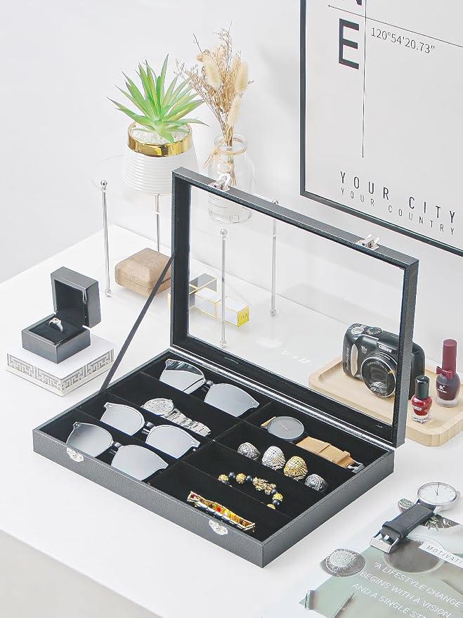 Jewelry Sunglasses Organizer Tray, Black Velvet Eyeglasses Display Tray Box, Glasses Organize Storage Holder for Home Desk or Selling Show Display (with Lid)