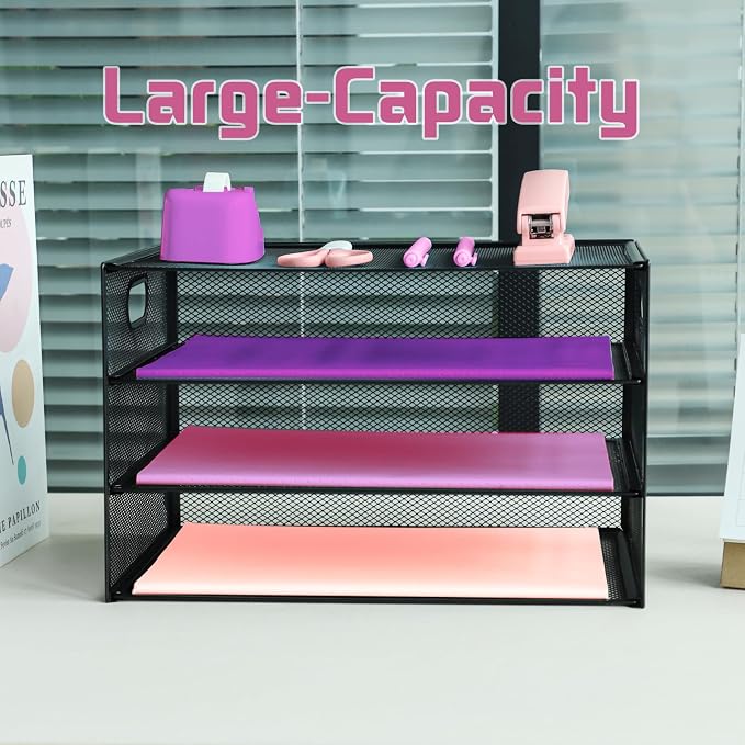 3 Tier Lettrer Tray Organizer, Metal Mesh Desk File Organizer with Sliding Trays, Paper Sorter Desk Organizer for Home Office School, Black