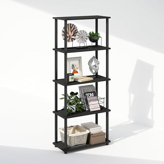 Furinno Turn-N-Tube Book Shelf, 5-Tier Bookshelf, Bookcase with Multipurpose Compact Display Rack, 11.6 x 23.6 x 57.4, for Living Room, Bedroom, Home Office, Americano/Black