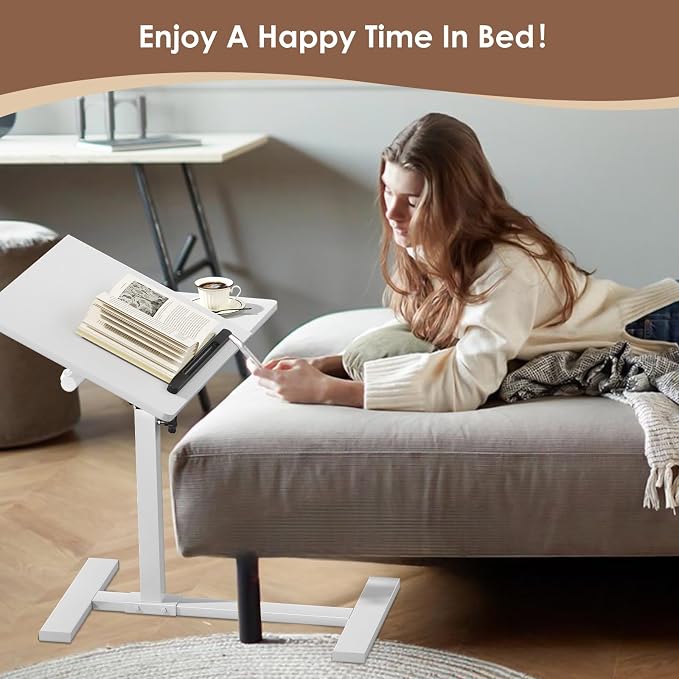 Laptop Desk Bedside Table with Wheels Laptop Stand for Couch Adjustable Tv Tray C End Table, Mobile Sofa Snack Table with Tiltable Top, White