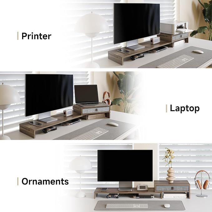 Fenge Computer Monitor Riser Stand with Drawer for 2 or 3 Monitors ,Adjustable Length and Angle Desktop Laptop Stand,Office Organizer,Printer