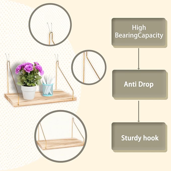 1-Pack Cubicle Shelf For Fabric Walls With Hooks：12x6.0in Wooden Cubicle Shelf Hanging Gold Bracket Use For Office Cubicle Accessories Office Stylish Ations Cubicle Decorations For Women Desk