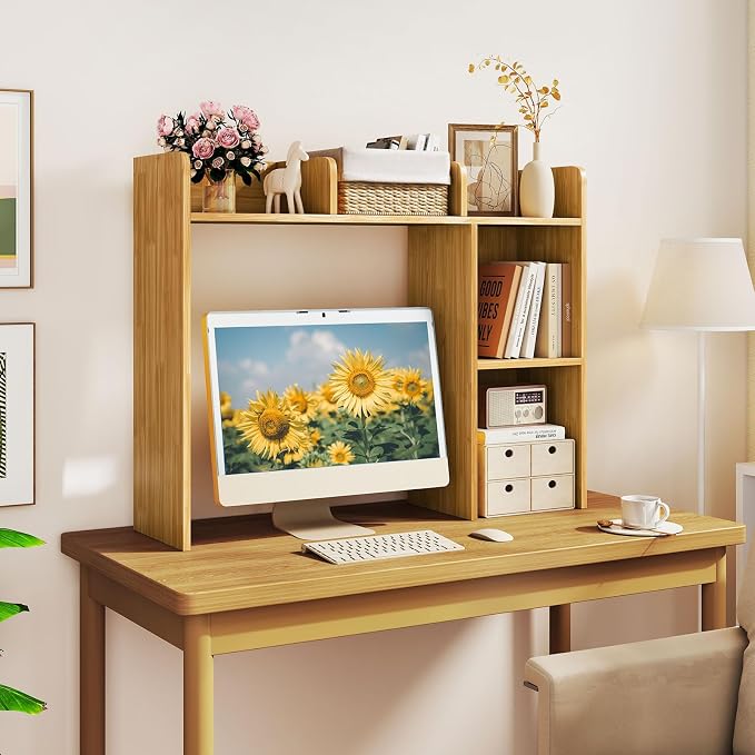 Desktop Bookshelf, 3-Tier Desk Organizer Shelves with 5 Display Rack, Countertop Storage Bookcase for Computer Desk, Desk Hutch Shelf for Top of Desk, Dorm, Home, Office (Oak)