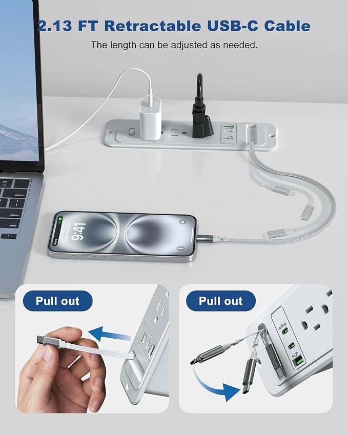 Recessed Power Strip with Retractable USB C Cable,2 PD 20W USB C,Flush Mount Countertop Drawer Outlet, Furniture Hidden Outlet for Side Table,End Table,3 Outlets (Grey, 6FT-20W USB)