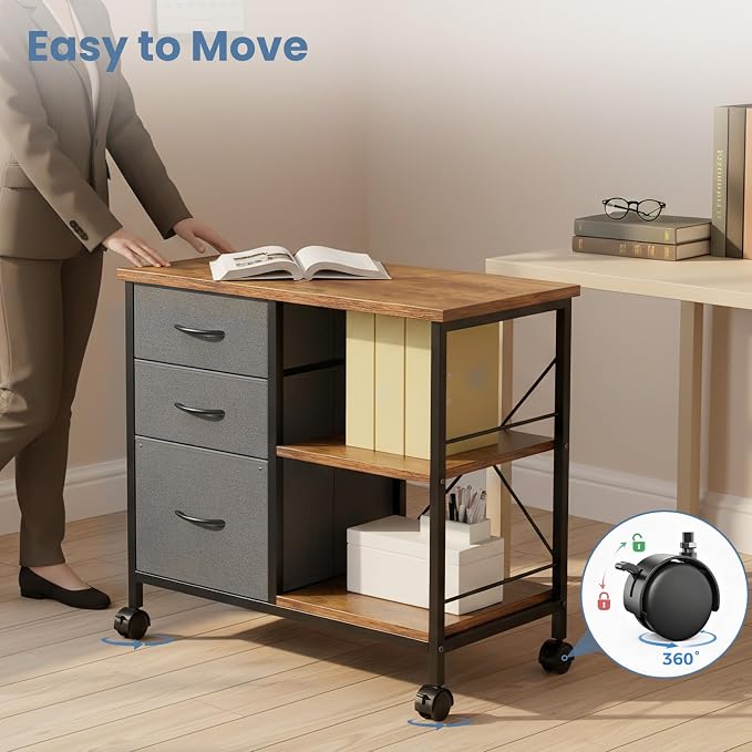 OLIXIS 3-Tier Printer Stand with Fabric Storage Drawer, Rolling Printer Cart with Lockable Wheels and Metal Frame, Under Desk Table with Open Storage Shelf for Small Spaces, Home, Office, Gray