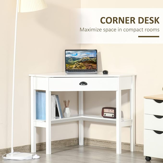 HOMCOM Corner Desk, Triangle Computer Desk with Drawer and Storage Shelves for Small Spaces, Home Office Workstation for Living Room, or Bedroom, White