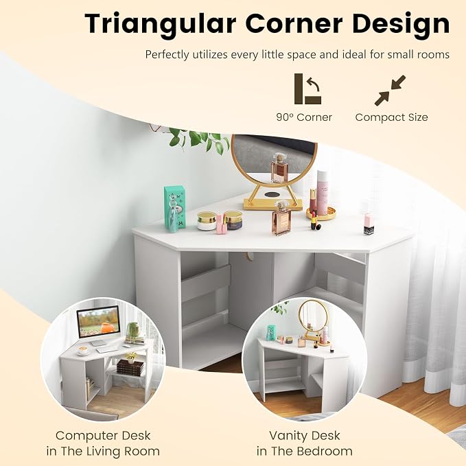HOMGX Corner Computer Desk, Triangle Desk with Storage Shelves, Small Corner Desk for Small Spaces, Corner Vanity Desk for Home, Bedroom, Living Room, Office (White)
