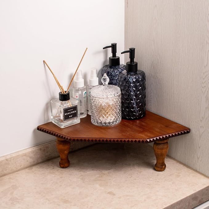 BONNY DODO Wood Vintage Brown Corner Pedestal Stand, Rustic Decorative Riser for Display, Farmhouse Wood Corner Counter Shelf with Cube for Kitchen, Bathroom, Dressing Table (Drah Brown)