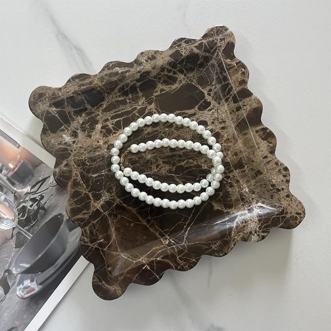 Vintage Natural Marble Tray Small Ornaments Scalloped Tray Handmade Storage Dish for Counter, Vanity, Dresser, Nightstand and Desk (Coffee Net)