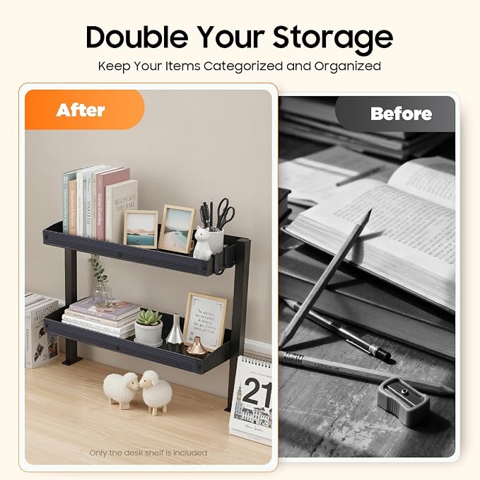 Clamp On Desk Shelf, Heavy Duty Above Desk Shelves, Under Desk Wire Management with Desk Extension Side Table, Desk Add on Shelf Clamp Table for Gaming Desk Organization