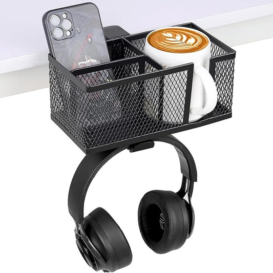 Multi-Function Desk Cup Holder with Headphone Hanger, 3 in 1 Caddy Organizer for Salon Chair, Bedside, Desk or Table - Sturdy Anti-Spill Drink Holder for Water Bottles, Coffee, Bag (Black)