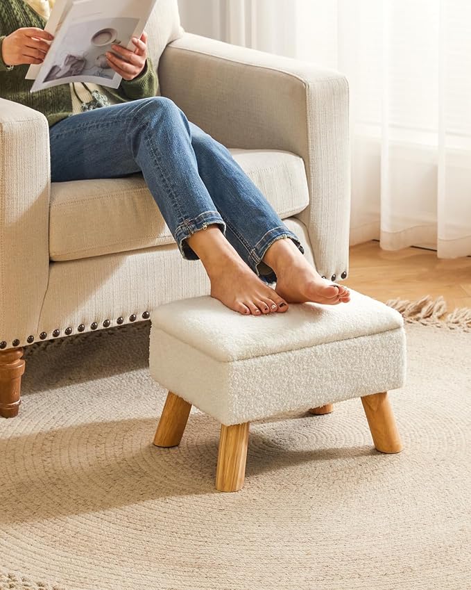 YMYNY Storage Ottoman, Small Foot Stool Ottoman with Storage, White HBD042W | Teddy Velvet, Sturdy Wood Legs, For Living Room Bedroom Couch Entryway